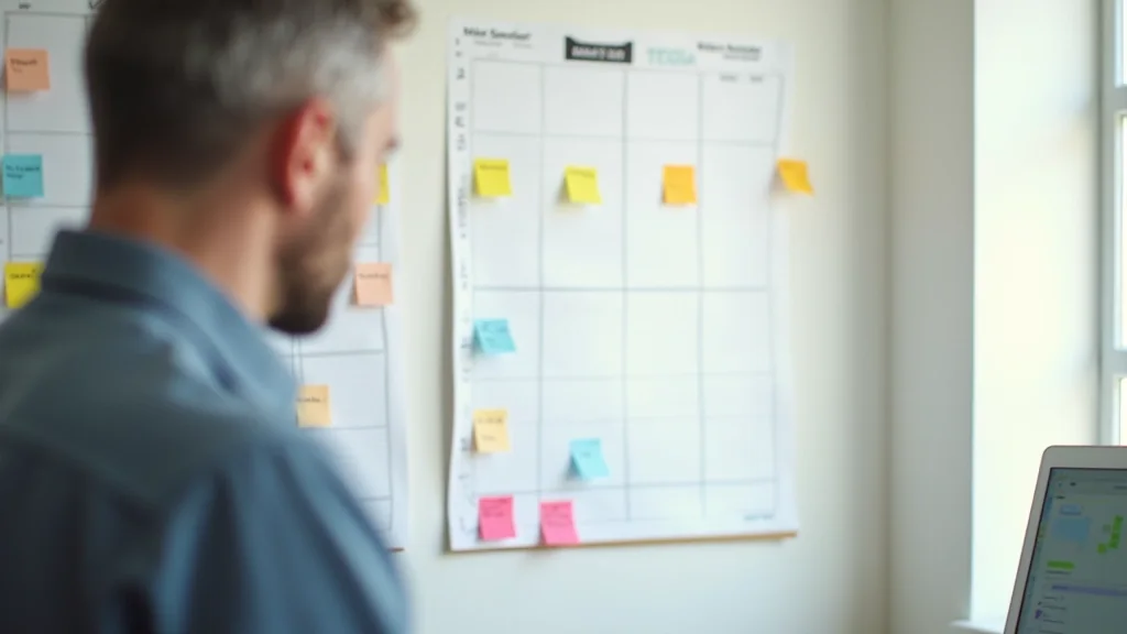 Wandkalender met maanden en gekleurde markeringen op een werkblad